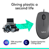 Logitech M100 Wired Optical Ambidextrous Mouse for PC - Charcoal