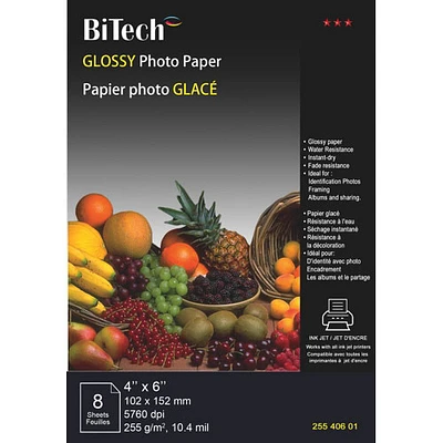 Papier photo glacé 4 po x 6 po de BiTech - Paquet de 8 feuilles