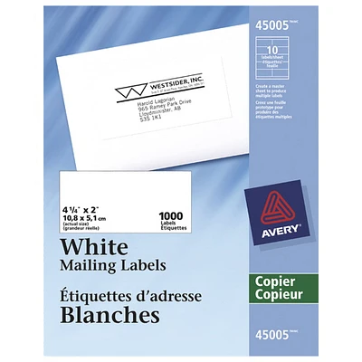 Étiquette d'adresse Pres-A-Ply 4-1/4 po x 2 po d'Avery (AVE45005) - 1000 - Blanc
