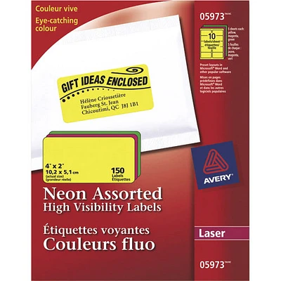 Étiquettes fluo laser de 4 x 2 po d'Avery (AVE05973) - Paquet de 150 - Couleurs variées