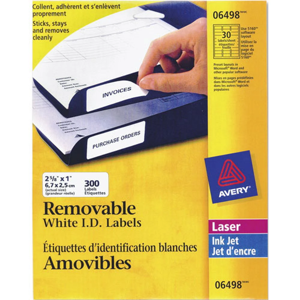 Étiquette d'identification amovible laser 2 5/8 po x 1 po d'Avery (AVE06498) - Paquet de 300 - Blanc