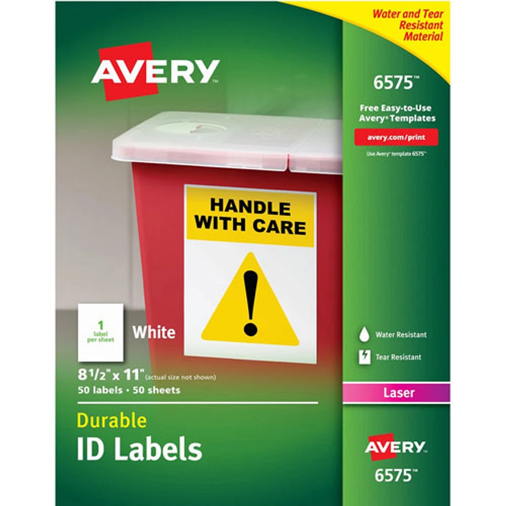 Étiquettes permanentes et durables de 8 1/2 x 11 po d'Avery (AVE06575) - Paquet de 50 - Blanc