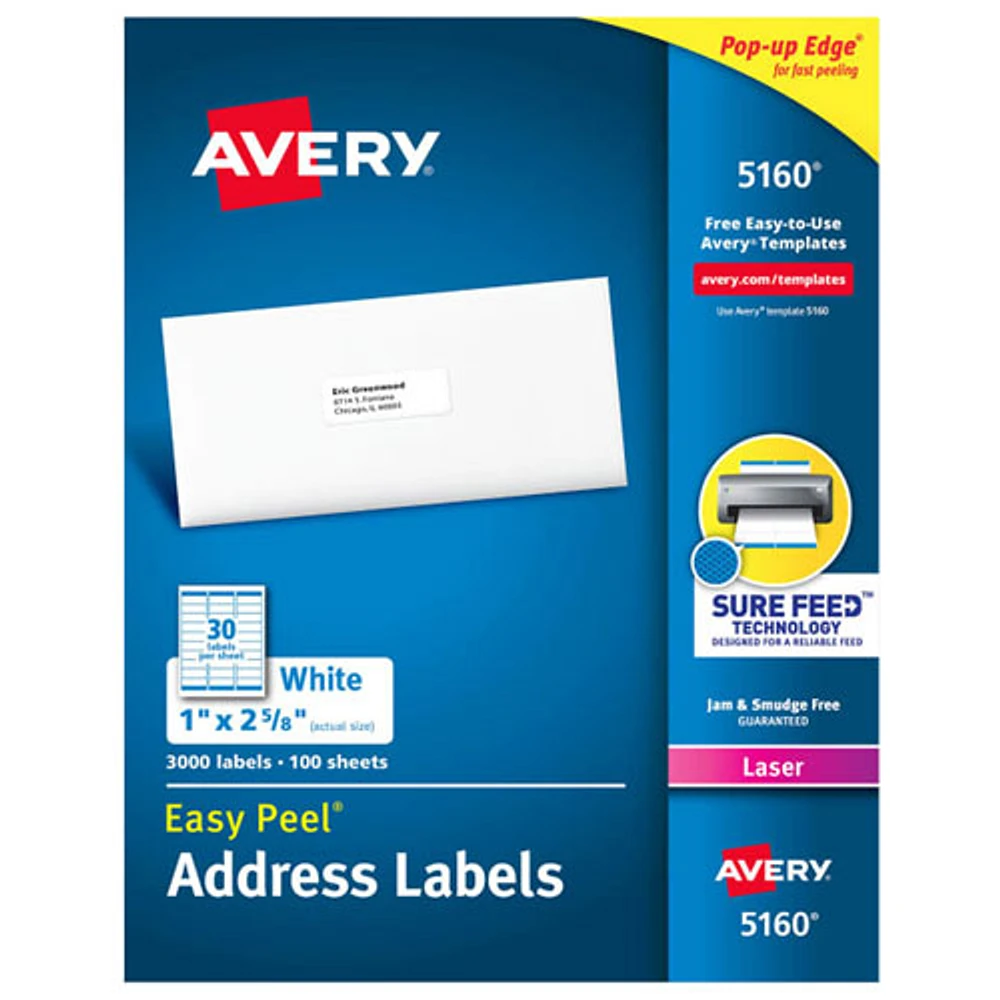 Étiquettes d'adresse Easy Peel 1 x 2 5/8 po d'Avery (AVE05160) - Paquet de 3000