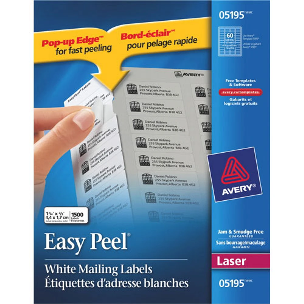 Étiquette d'adresse d'expéditeur Easy Peel 2/3 x 1 3/4 po d'Avery (AVE05195) - Paquet/1500 - Blanc