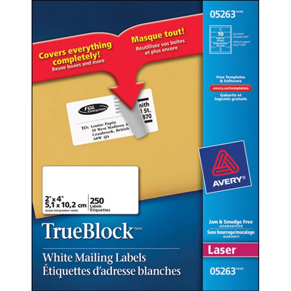 Étiquettes d'adresse TrueBlock 2 x 4 po d'Avery (AVE05263) - Paquet de 250