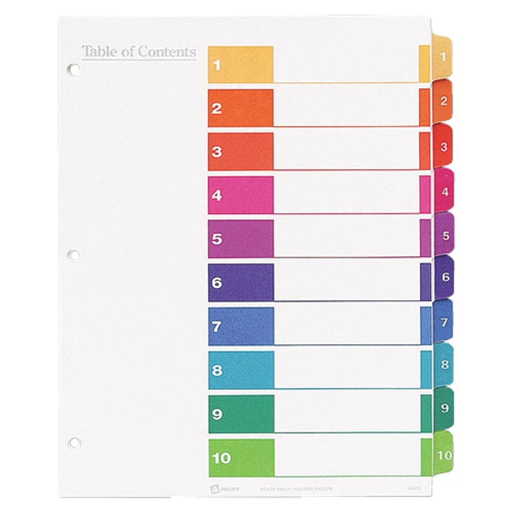Intercalaires avec table des matières Ready Index d'Avery (AVE11135) - Paquet de 10 - Multicolore