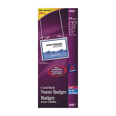Badges avec cordes d'Avery (AVE74465) - Paquet de 24 - Blanc