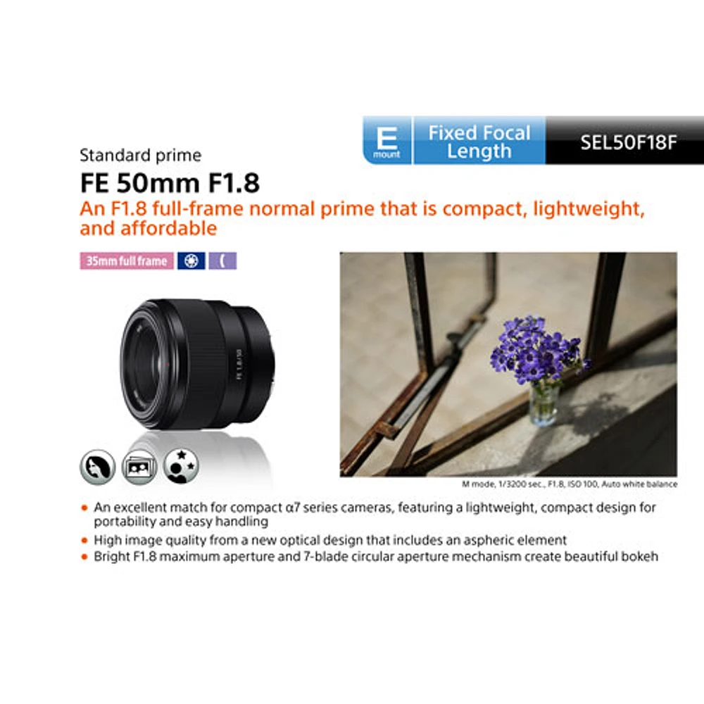 Objectif à focale fixe pour portraits plein format à monture E FE 50 mm f/1,8 de Sony