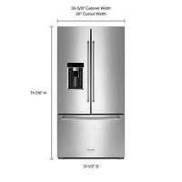 KitchenAid 36" 23.8 Cu. Ft. Counter-Depth French Door Refrigerator with Water & Ice Dispenser (KRFC704FPS) - Stainless Steel