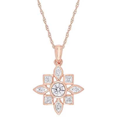 Chaîne en or rose de 17 po et pendentif floral en or rose de 10 ct avec diamants 0,33 ct