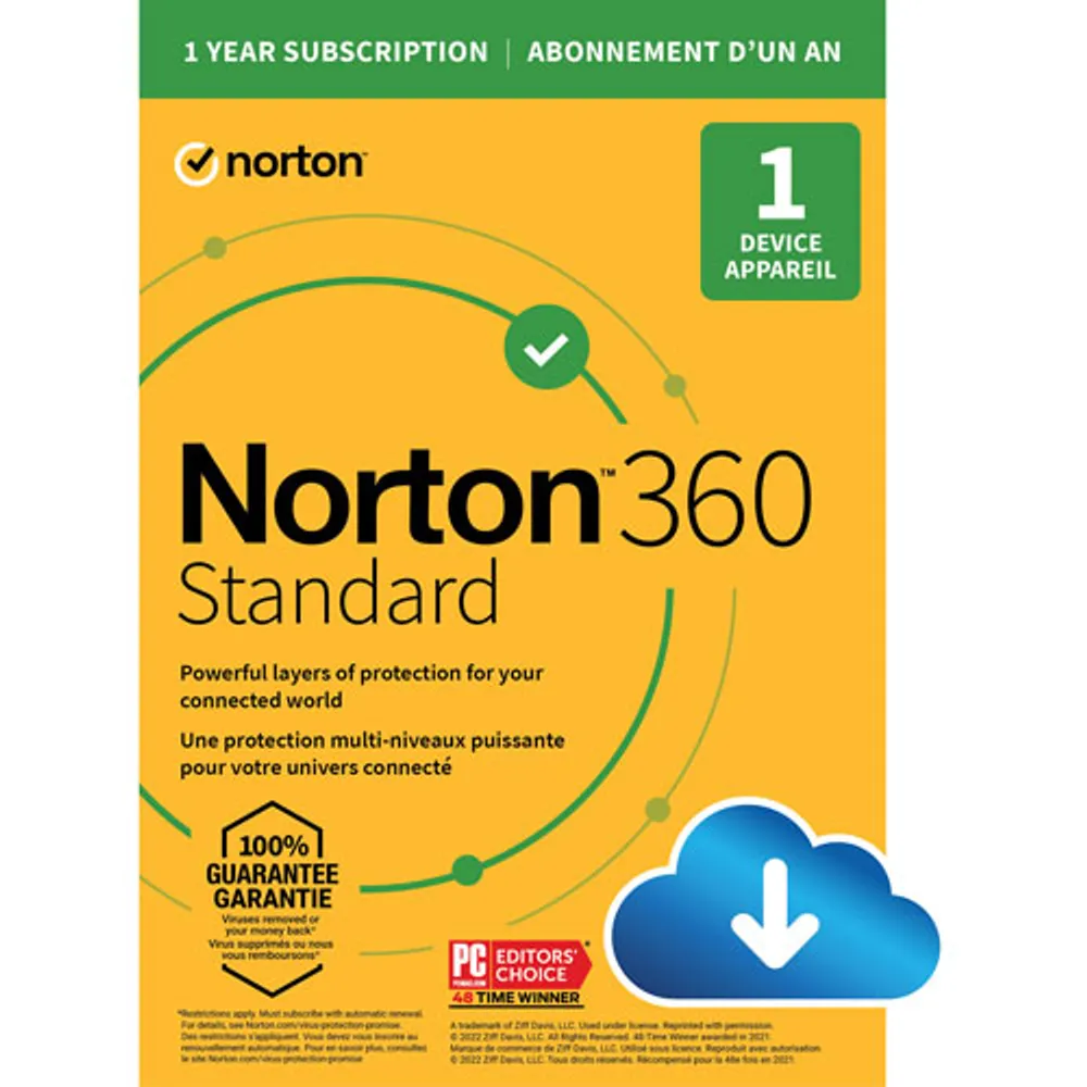 Norton 360 Standard (PC/Mac) - 1 appareil - Stockage infonuagique de 10 Go - Abonnement de 1 an - Téléchargement numérique
