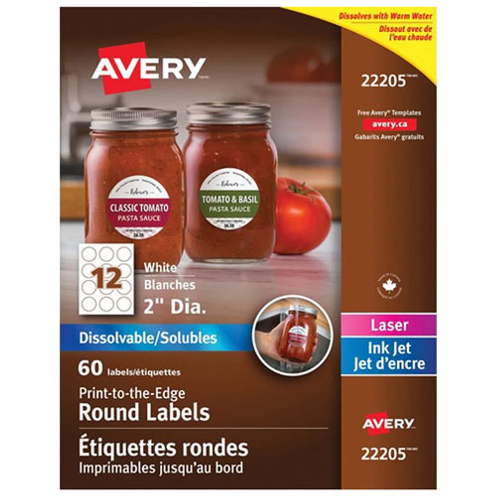 Étiquettes rondes imprimables jusqu'au bord d'Avery (22205) - Paquet de 60
