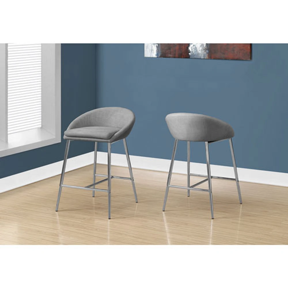 Tabouret de bar contemporain en tissu à hauteur de comptoir - Ensemble de 2 - Gris/Chrome