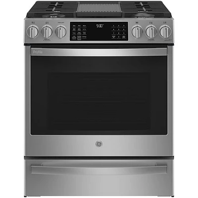 GE Profile 30" 5.6 Cu.Ft. True Convection 5-Burner Slide-In Gas Air Fry Range (PCGS930YPFS) - Stainless