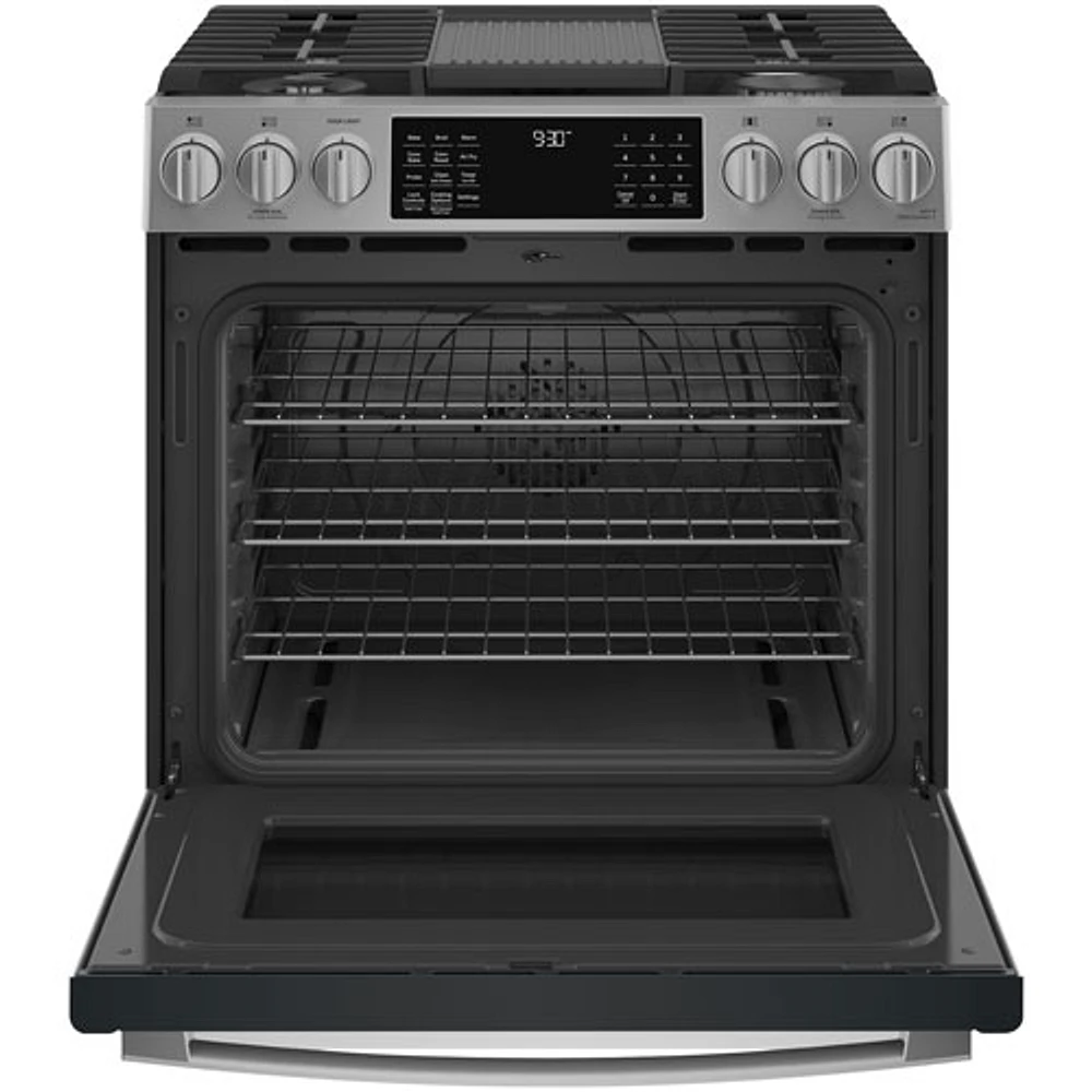 Cuisinière gaz enc. 5 brûleurs conv. véri./friture air 5,6 pi³ 30po Profile de GE (PCGS930YPFS)-Inox