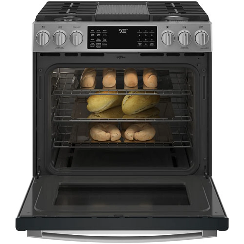 Cuisinière gaz enc. 5 brûleurs conv. véri./friture air 5,6 pi³ 30po Profile de GE (PCGS930YPFS)-Inox