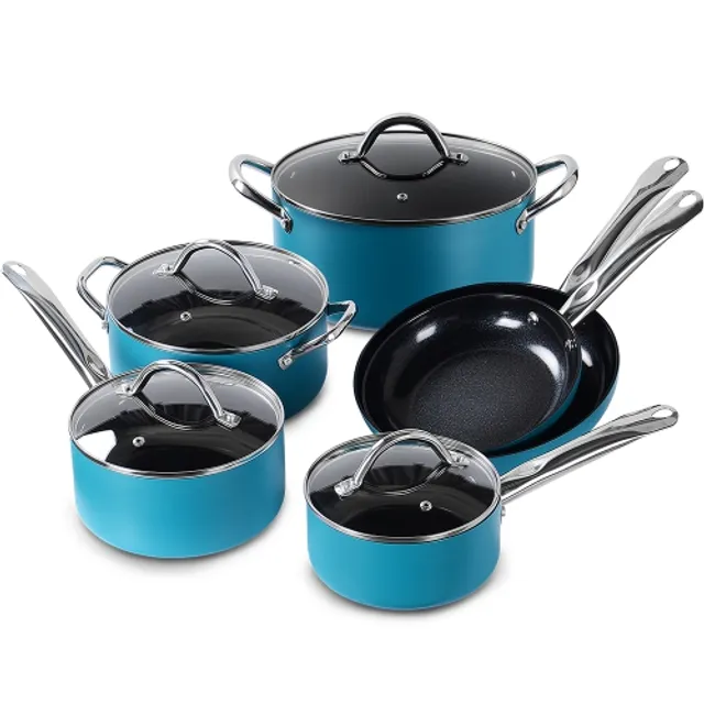 LIVINGbasics 10-Piece Nonstick Cookware Set, Aluminum Ceramic Coating Kitchen Cookware Pots and Pans Set--Includes Saucepans, Stockpots, Frying Pans