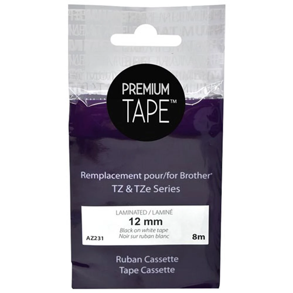 Cassette de ruban laminé noir sur blanc de 12 mm Premium Tone pour TZ et TZe de Brother