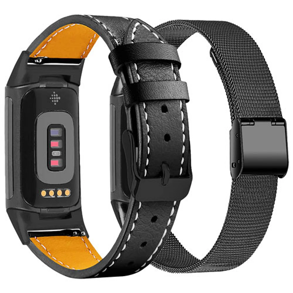 Bracelet en cuir et bracelet milanais de StrapsCo pour Charge 5 de Fitbit - Noir - Paquet de 2