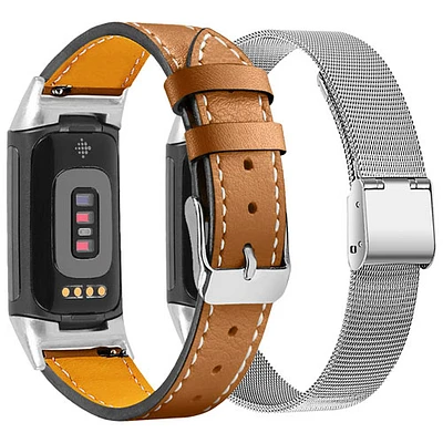 Bracelet en cuir et bracelet milanais de StrapsCo pour Charge 5 de Fitbit - Brun/Argenté - Paquet de 2