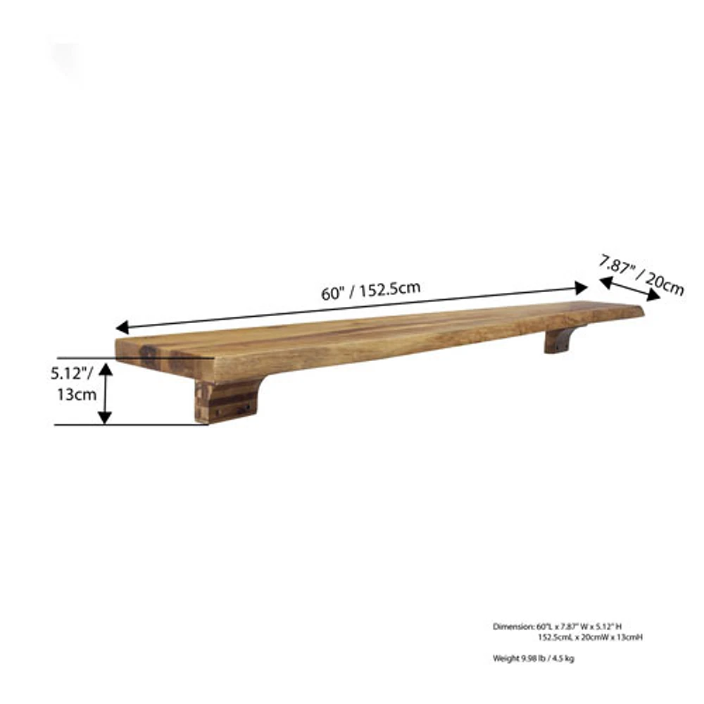 Live Edge 60" Mantel / Wall Shelf with Wood Corbels - Brown
