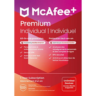 McAfee+ Premium Individual (PC/Mac/iOS/Android) - Appareils illimités - 1 an