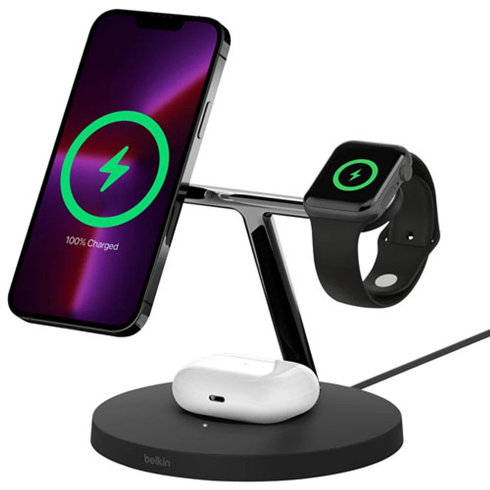 Belkin MagSafe 3-in-1 Wireless Charging Stand for iPhone 15/14/13/12, Apple Watch & AirPods - Black