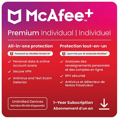 McAfee+ Premium Individuel (Windows/Mac/Android/iOS) - Appareils illimités - 1 an - Téléchargement numérique