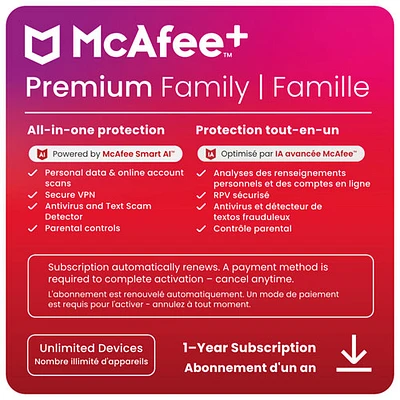 McAfee+ Premium Family (Windows/Mac/Android/iOS) - Appareils illimités - 1 an - Téléchargement numérique