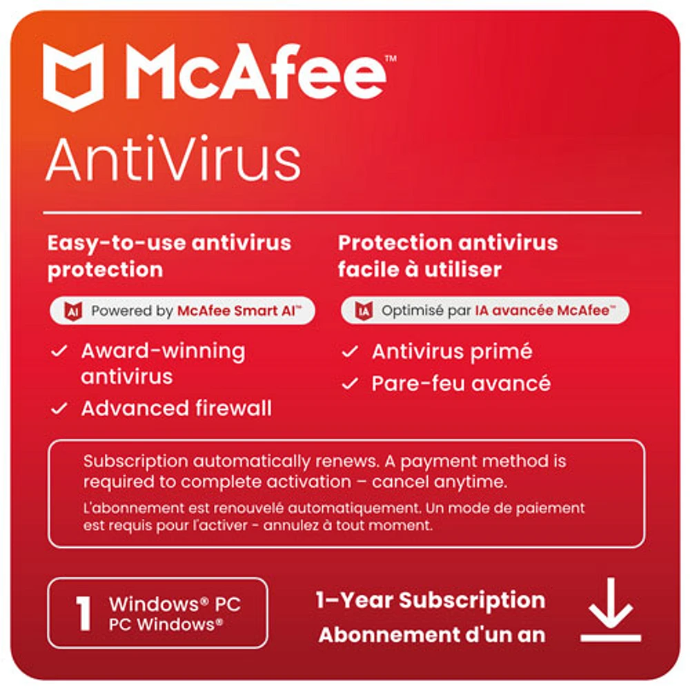 McAfee AntiVirus (Windows PC) - 1 Device - 1 Year - Digital Download