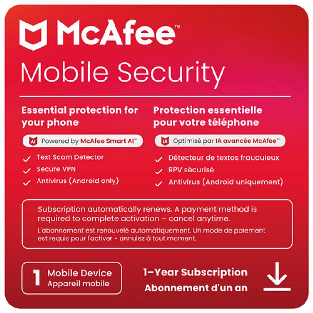 McAfee Mobile Security (Android/iOS) - 1 Device - 1 Year - Digital Download