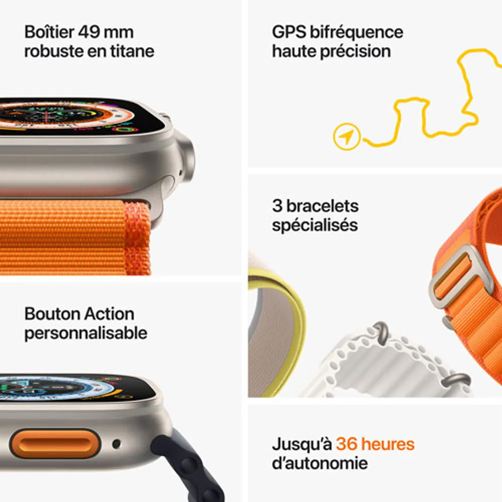 Apple Watch Ultra (GPS + Cellular) avec boîtier de 49 mm en titane et bracelet océan jaune de TELUS - Financement mensuel