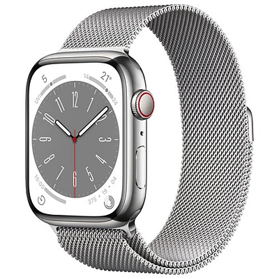 TELUS Apple Watch Series 8 (GPS + Cellular) 45mm Silver Stainless Steel Case w/ Silver Milanese Loop - M/L - Monthly Financing