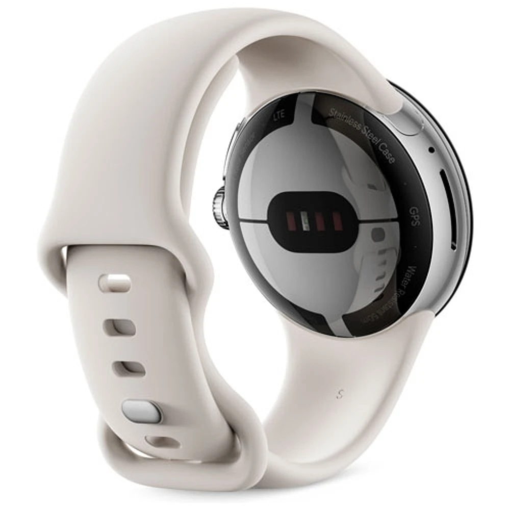 Montre Pixel Watch de Google (GPS + LTE) avec boîtier de 40 mm en acier inoxydable argent poli et bracelet sport craie
