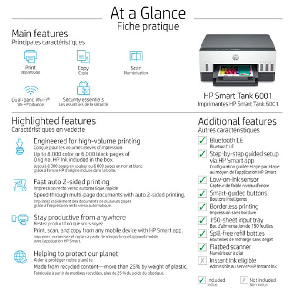 Imprimante à jet d'encre tout-en-un sans fil Supertank Smart Tank 6001 de HP - Jusqu'à 2 ans d'encre inclus*