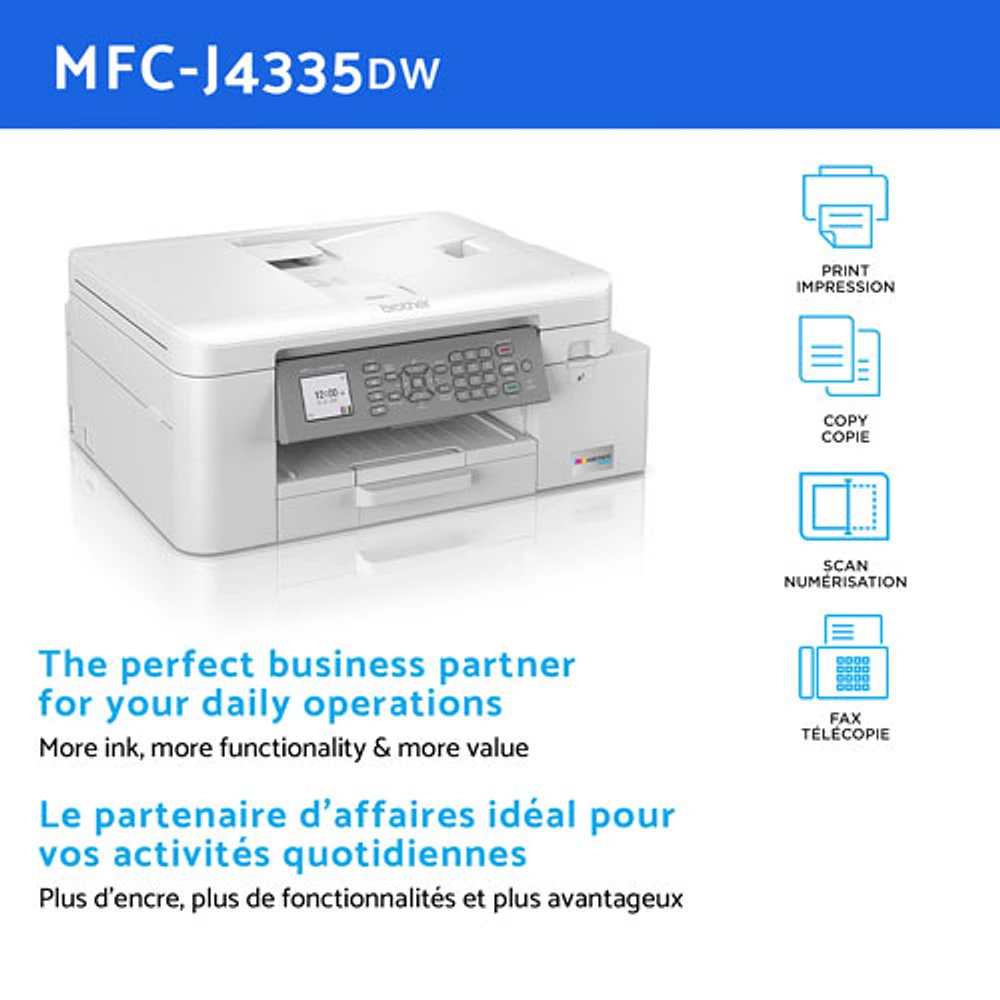 Imprimante à jet d'encre tout-en-un sans fil MFCJ4335DW de Brother avec INKvestment Tank