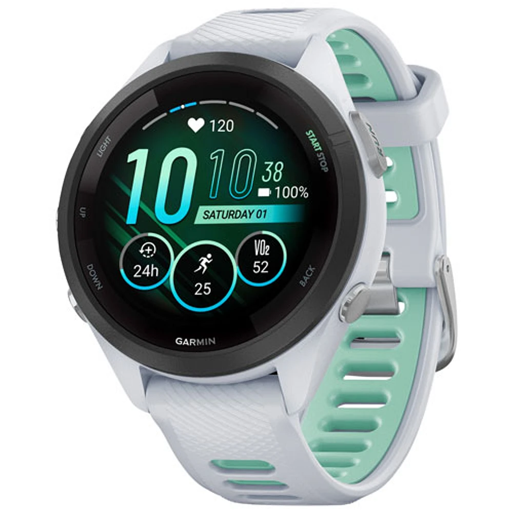 Montre intelligente Bluetooth de 42 mm Forerunner 265S de Garmin pour la course - Blanc/Neo Tropic