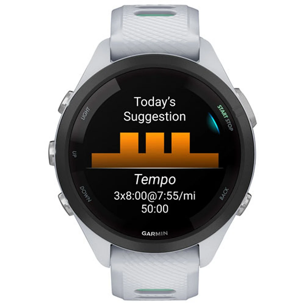 Montre intelligente Bluetooth de 42 mm Forerunner 265S de Garmin pour la course - Blanc/Neo Tropic