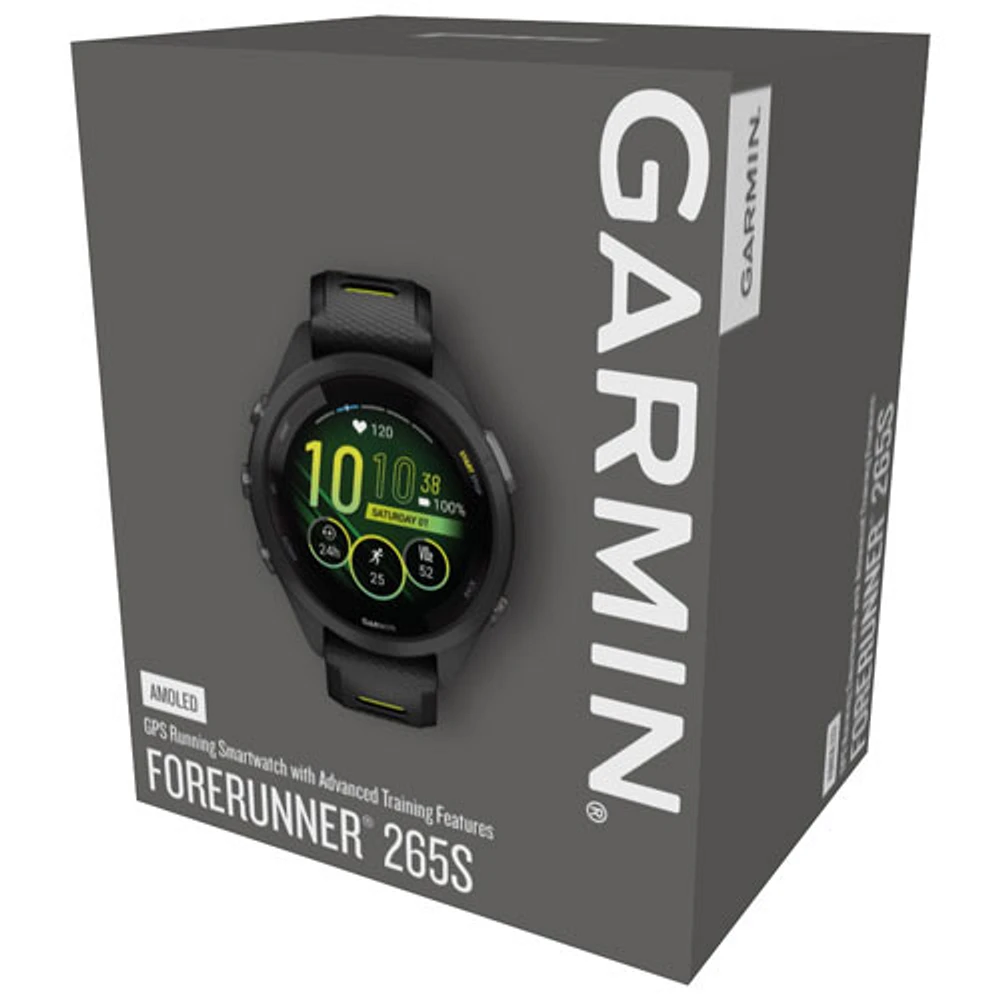 Montre intelligente Bluetooth de 42 mm Forerunner 265S de Garmin pour la course - Noir/Jaune vif