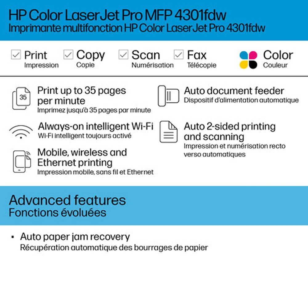 Imprimante laser tout-en-un couleur LaserJet Pro 4301FDW de HP