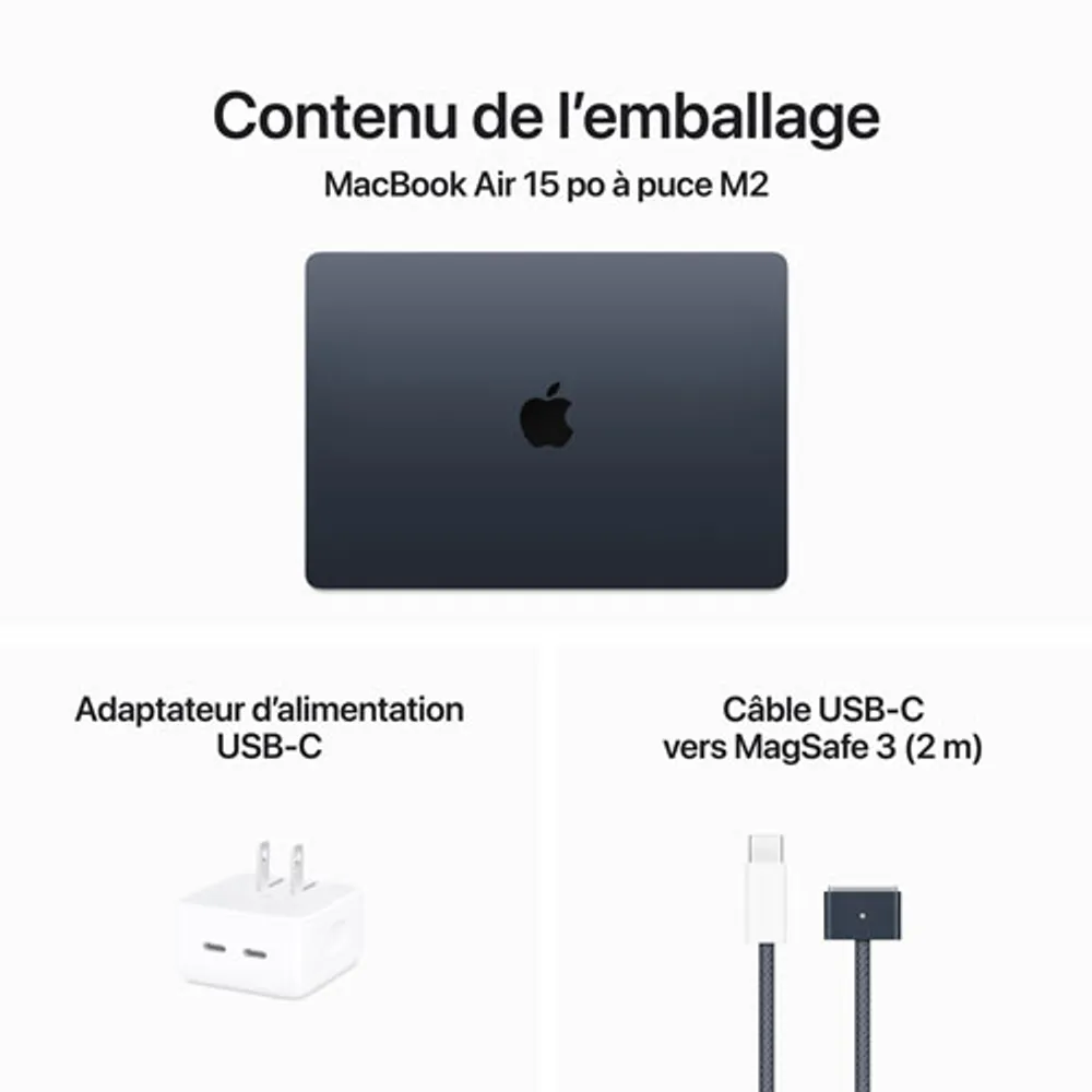MacBook Air de 15 po avec Touch ID d'Apple (2023) - Minuit (puce M2 d'Apple/SSD 256 Go/RAM 8 Go) - Français