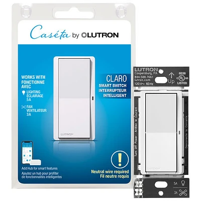 Interrupteur intelligent Claro de Lutron pour éclairage intelligent Caséta (DVRF-5NS-WH-RC)