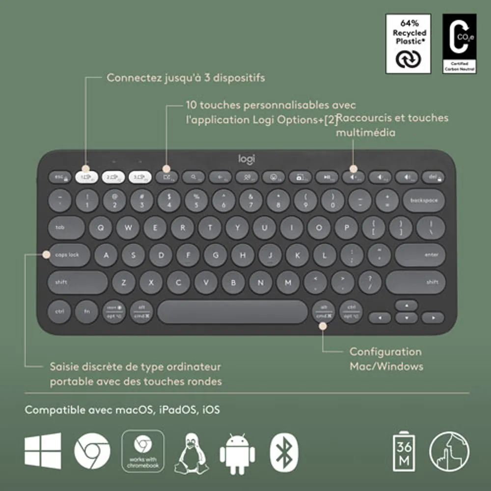 Clavier sans fil mince K380s sans pavé numérique de Logitech avec raccourcis personnalisables - Graphite tonal