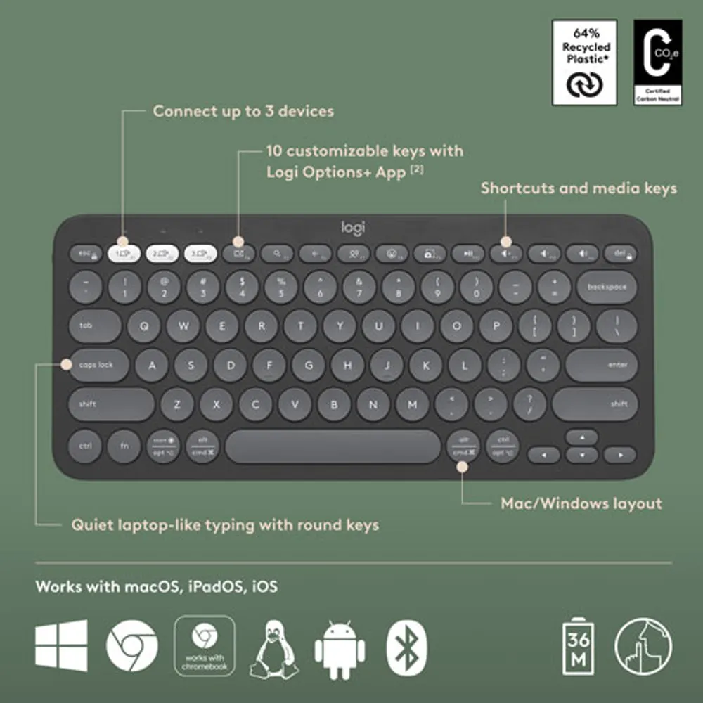 Clavier sans fil mince K380s sans pavé numérique de Logitech avec raccourcis personnalisables - Graphite tonal