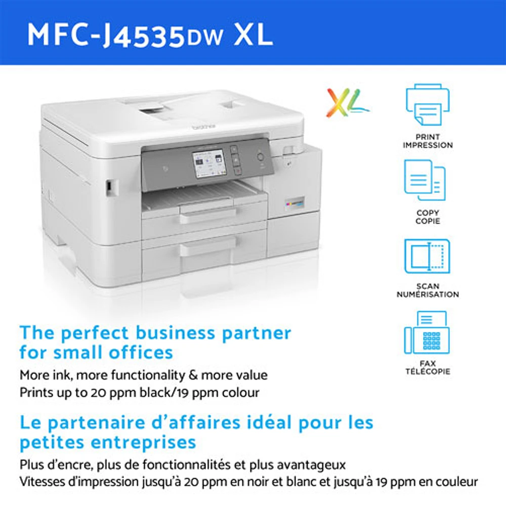 Imprimante à jet d'encre tout-en-un sans fil INKvestment Tank de Brother (MFCJ4535DWXL)