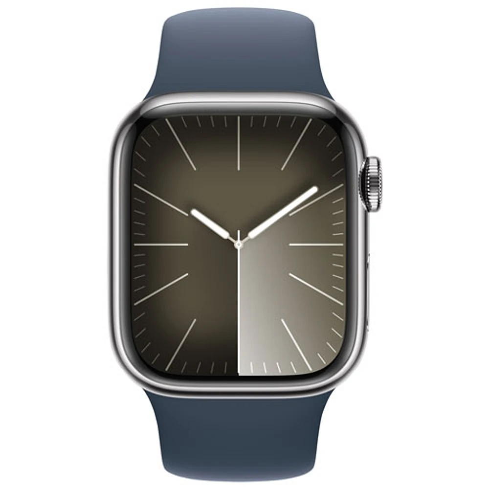 Apple Watch Series 9 (GPS + Cellular) avec boîtier de mm en acier inoxydable argenté et bracelet sport bleu tempête par TELUS - Petit/Moyen