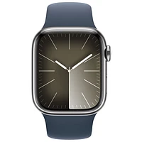 Apple Watch Series 9 (GPS + Cellular) avec boîtier de mm en acier inoxydable argenté et bracelet sport bleu tempête par TELUS - Petit/Moyen