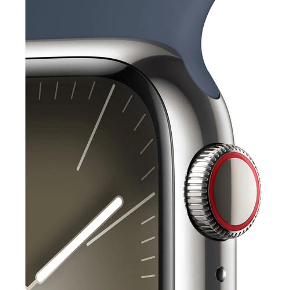 Apple Watch Series 9 (GPS + Cellular) avec boîtier de mm en acier inoxydable argenté et bracelet sport bleu tempête par TELUS - Petit/Moyen