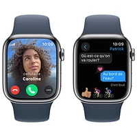 Apple Watch Series 9 (GPS + Cellular) avec boîtier de mm en acier inoxydable argenté et bracelet sport bleu tempête par TELUS - Petit/Moyen