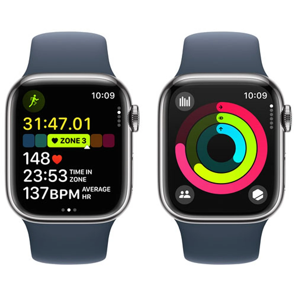 Apple Watch Series 9 (GPS + Cellular) avec boîtier de mm en acier inoxydable argenté et bracelet sport bleu tempête par TELUS - Petit/Moyen